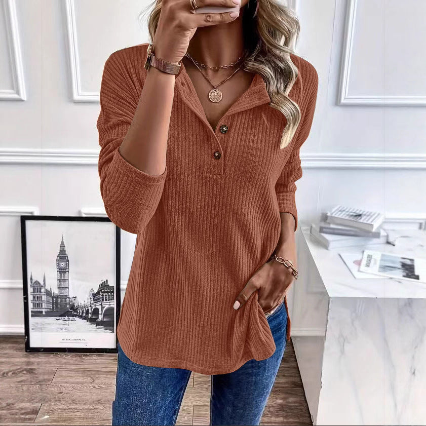 Damen Gerippter Longsleeve-Pullover mit Henley-Kragen und lässiger Tunika-Passform Shop Nory
