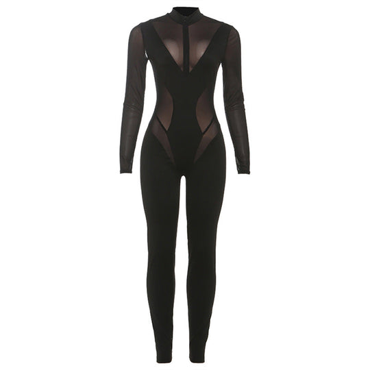 Damen Eleganter Catsuit mit transparenten Einsätzen und hohem Kragen