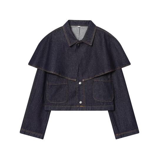 Damen Kurze Jeansjacke mit Cape‑Einsatz, Pattentaschen und Druckknöpfen Shop Nory