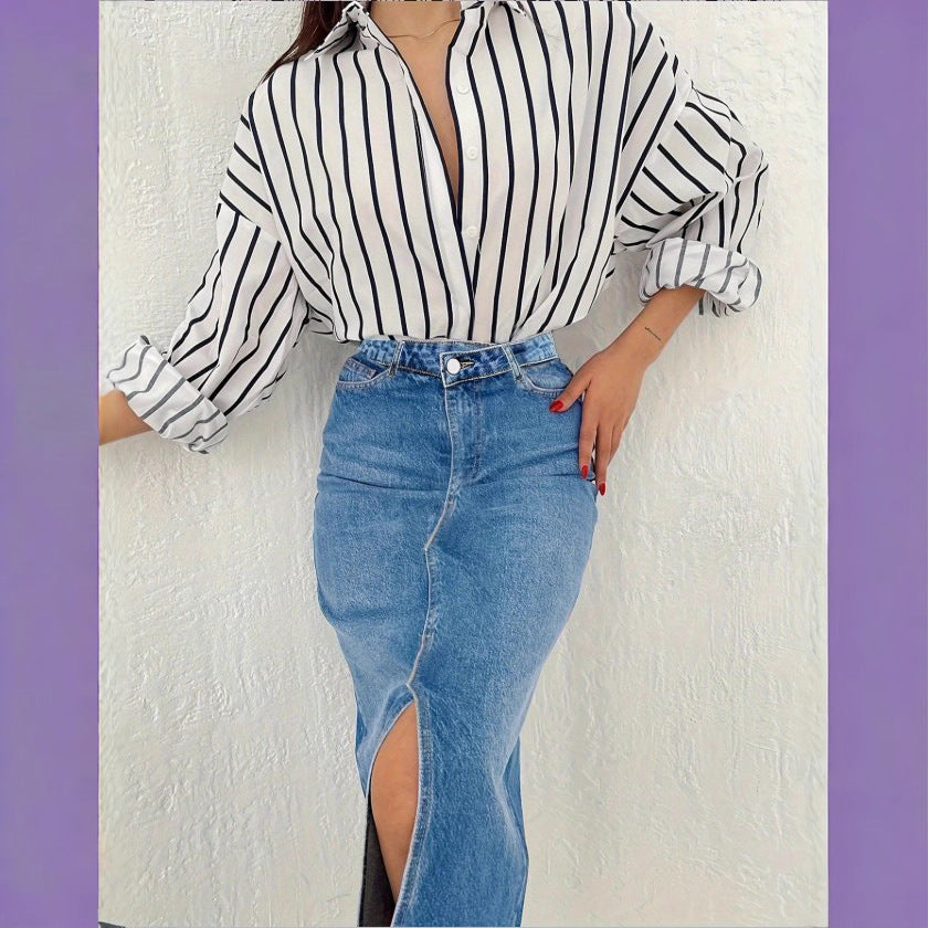 Damen Retro-inspirierter High-Waist Denim-Midirock mit zentralem Frontschlitz und figurbetonter Silhouette Shop Nory