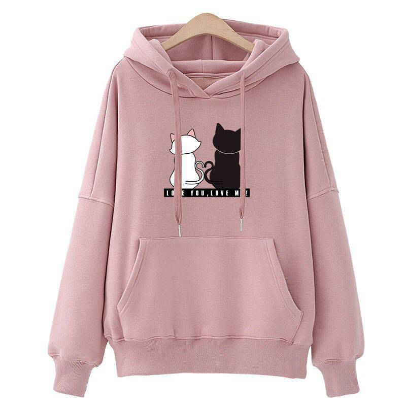 Damen Kapuzenpullover mit Katzen-Print, lockerem Schnitt und Kängurutasche Shop Nory