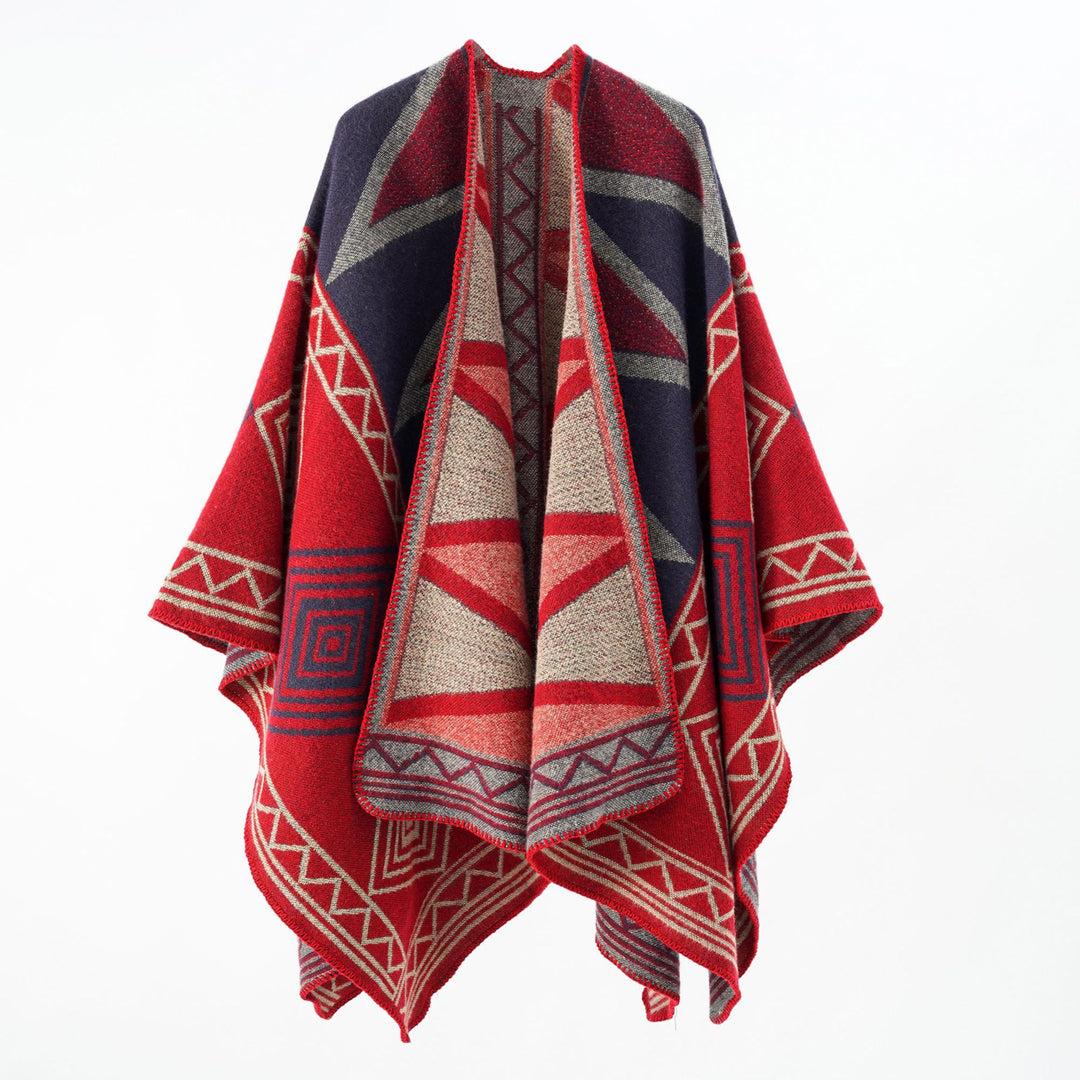 Damen Geometrischer Wollmix-Überwurfponcho mit Kettelkante Shop Nory