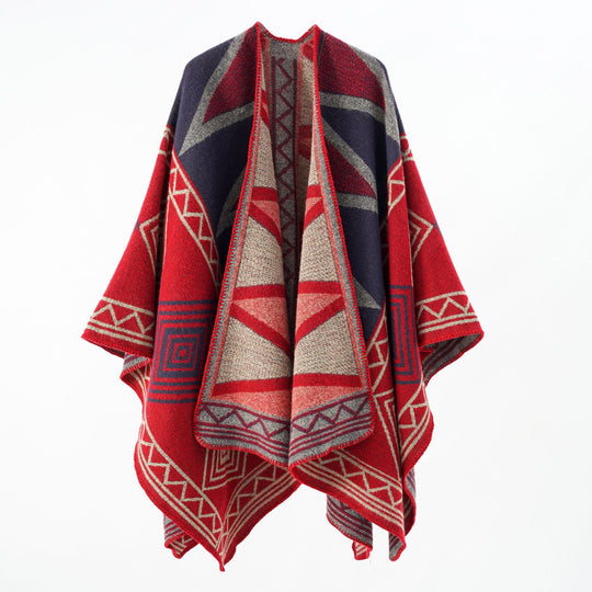 Damen Geometrischer Wollmix-Überwurfponcho mit Kettelkante Shop Nory