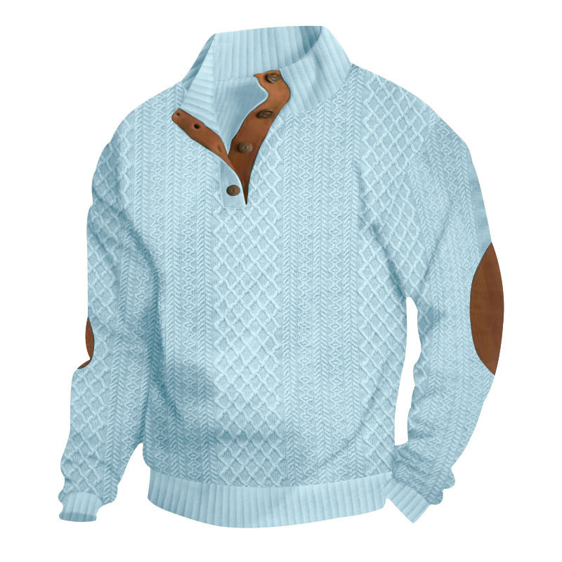 Herren nan grober Strickpullover mit Stehkragen Lederbesatz und Ellenbogenaufnähern Shop Nory