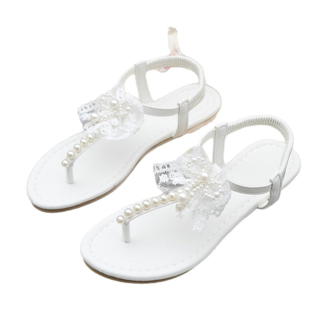 Damen Sandalen mit floralen Spitzenverzierungen und Perlen