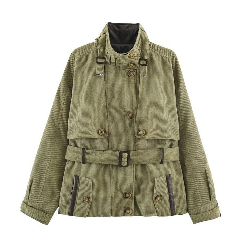 Damen Kurze Cord-Trenchjacke mit Taillengürtel, Cape-Detail und Stehkragen Shop Nory