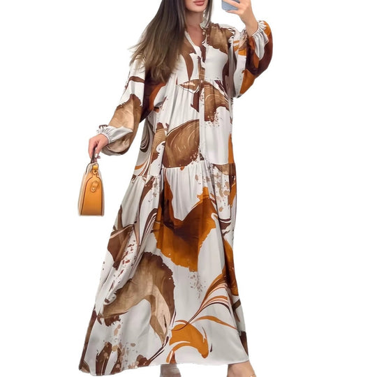 Damen Fließendes Stufenkleid mit Stehkragen, Ballonärmeln und Knopfleiste Shop Nory