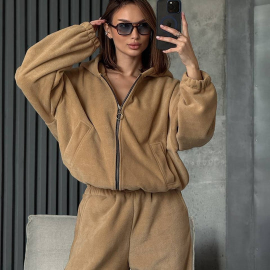 Damen Plüsch-Loungewear-Set mit Reißverschluss-Kapuzenjacke und taillenhoher Jogginghose Shop Nory