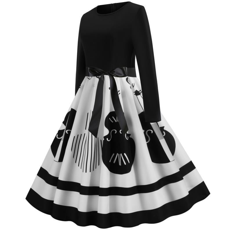 Damen Swing-Kleid im Retro-Stil mit instrumentalem Print, tailliertem Oberteil und voluminösem Tellerrock Shop Nory