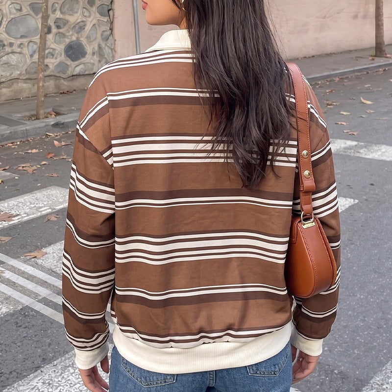 Damen Gestreifter Rugby-Pullover mit Polokragen und Oversize-Passform Shop Nory