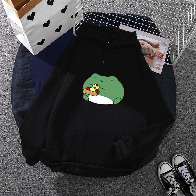 Damen nan gemütlicher Kapuzenpullover mit kawaii Frosch‑Pizza‑Motiv und oversized Relax‑Fit Shop Nory