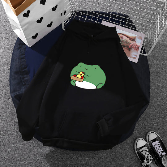 Damen nan gemütlicher Kapuzenpullover mit kawaii Frosch‑Pizza‑Motiv und oversized Relax‑Fit Shop Nory