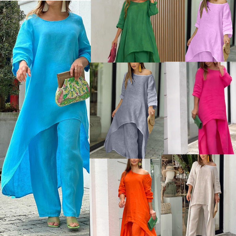 Damen Lässiges Leinenoptik-Zweiteiler mit asymmetrischer Long-Tunika und weitem Palazzo-Hose Shop Nory