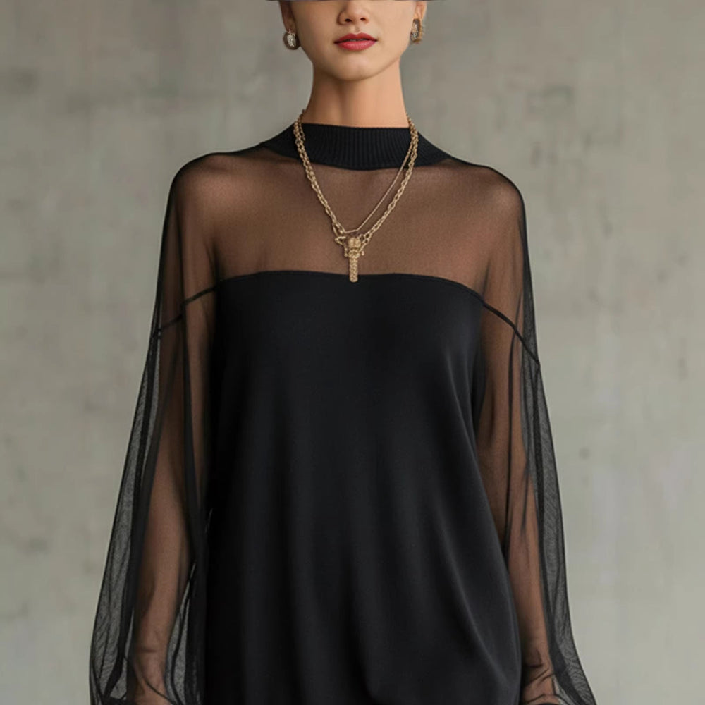 Damen Luftiges Minikleid mit transparenten Ärmelpartien und stylischem Highneck Shopnory