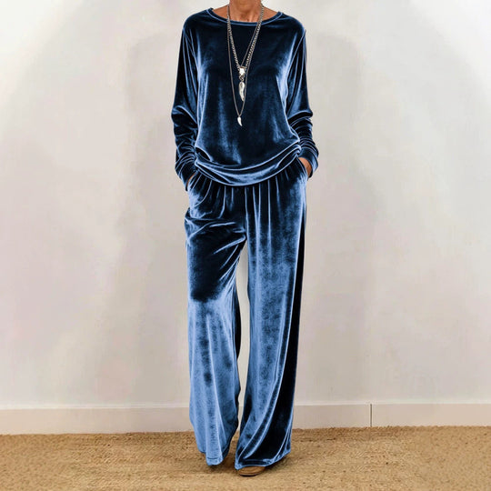 Damen Samt-Loungewear-Set mit weitem Bein, elastischem Bund und Rundhalsausschnitt Shop Nory