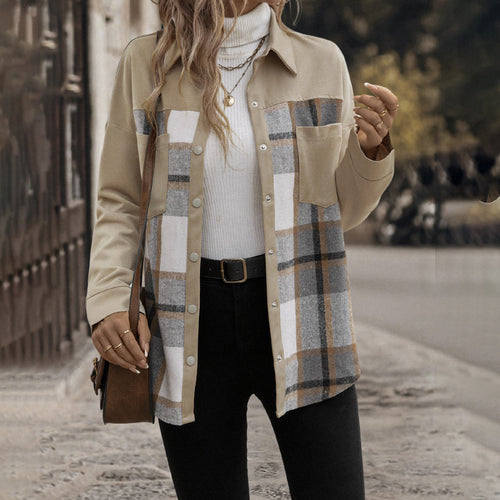 Damen Oversized Hemdjacke mit kariertem Frontpanel, Druckknopfverschluss und aufgesetzten Brusttaschen Shop Nory