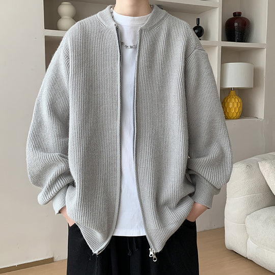 Unisex Oversize-Rippstrick-Cardigan mit Zwei-Wege-Reißverschluss und minimalem Stehkragen Shop Nory