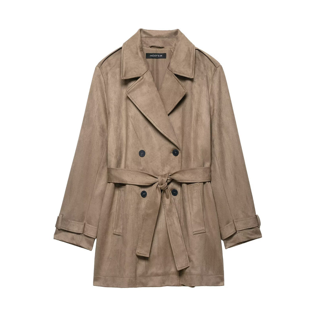 Damen Doppelreihiger Wildlederoptik-Trenchcoat mit Taillengürtel Shop Nory