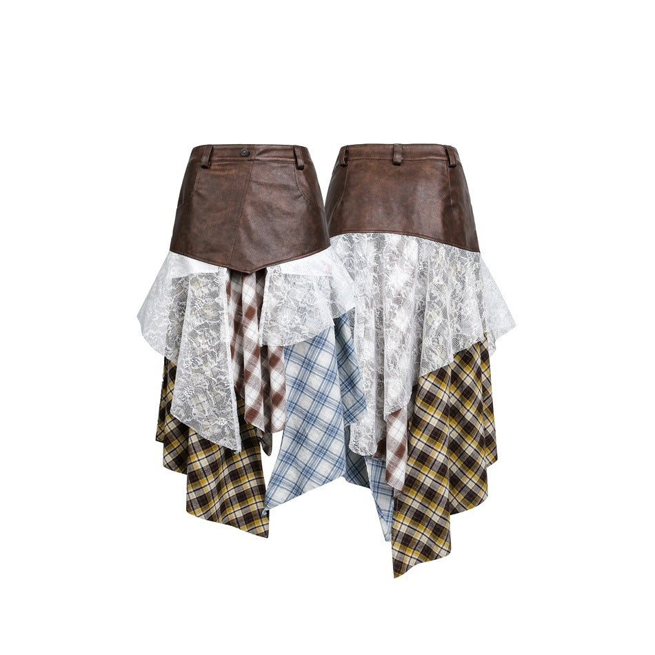 Damen Asymmetrischer Lagenrock mit Kunstlederbund und Karomix Shop Nory