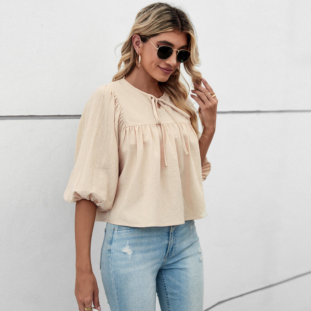 Damen lockere Babydoll-Bluse mit Schleifenkragen und 3/4-Volumenärmeln Shop Nory