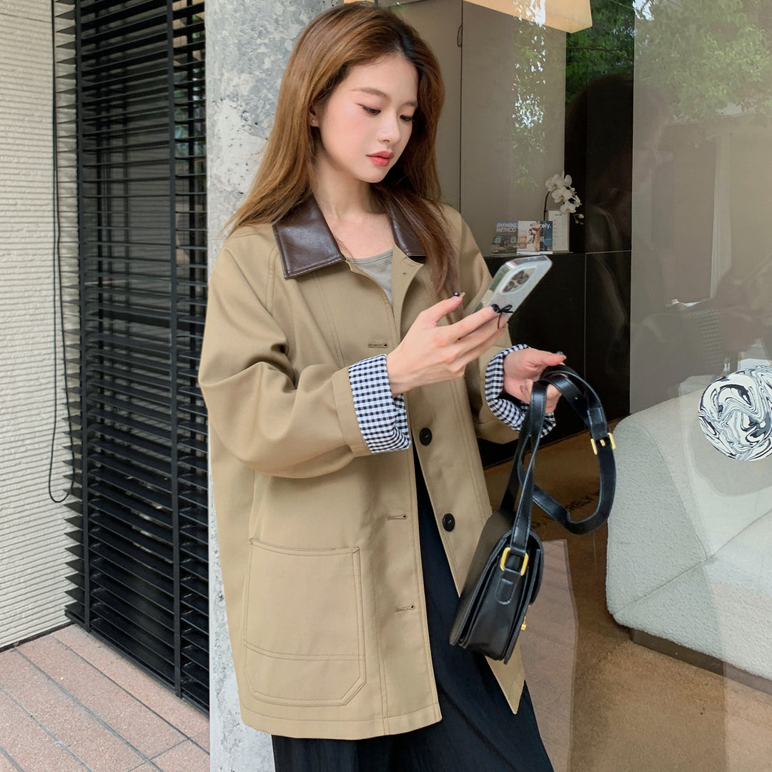 Damen Leichte Oversize-Übergangsjacke mit Kontrastkragen und kariertem Ärmelsaum Shop Nory