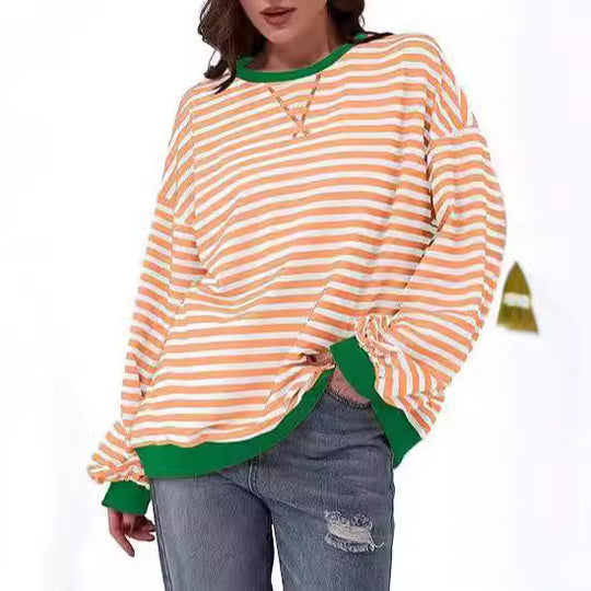 Damen Gestreifter Oversize Pullover mit Kontrastbündchen Shop Nory