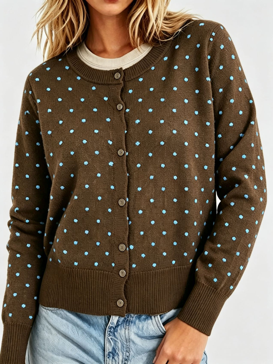 Damen Gepunktete Feinstrick-Cardigan mit Rundhals und Rippbündchen Shop Nory