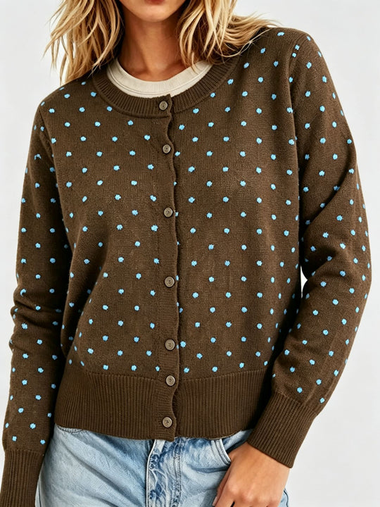 Damen Gepunktete Feinstrick-Cardigan mit Rundhals und Rippbündchen Shop Nory