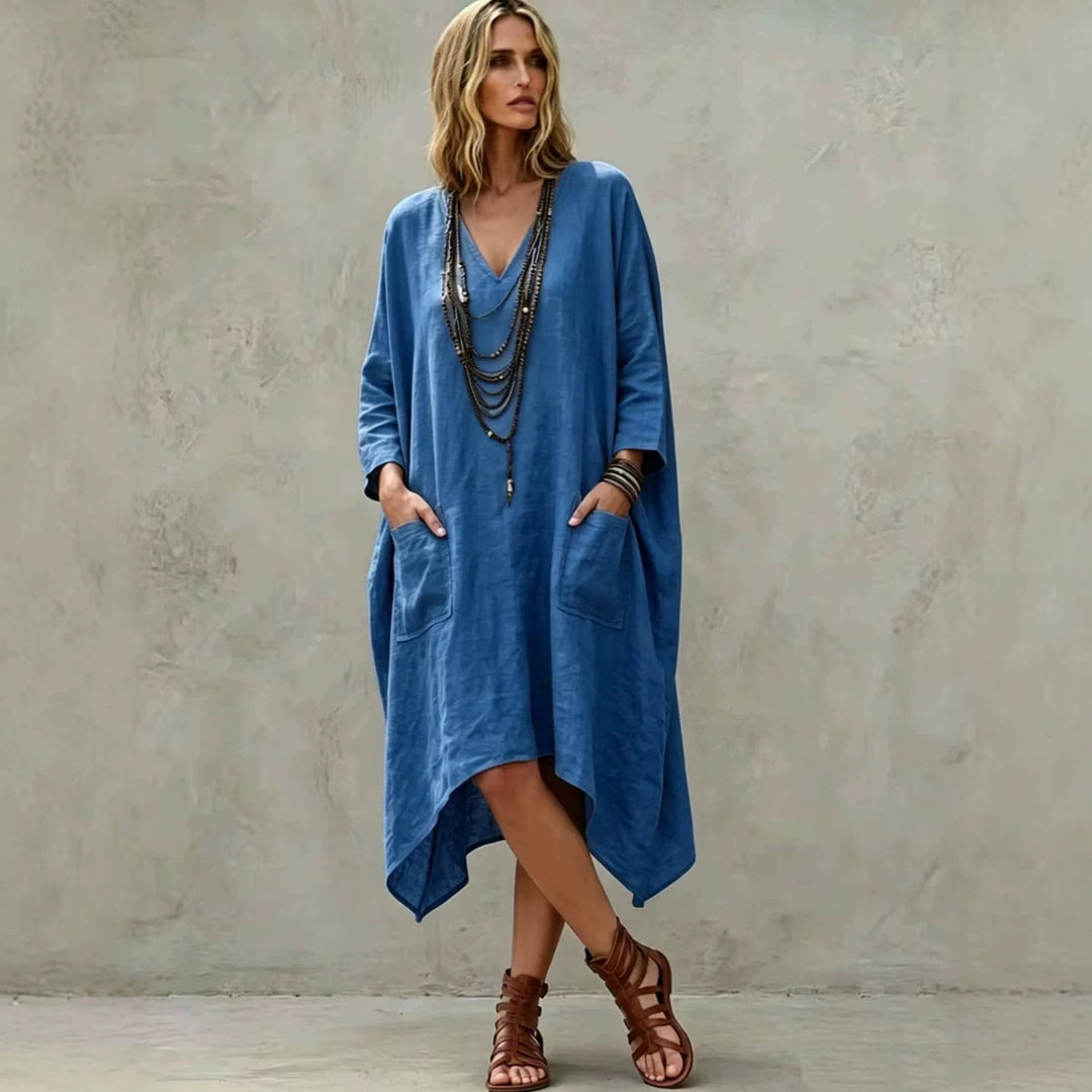 Damen nan Oversize Kaftankleid mit V-Ausschnitt, Eingrifftaschen und asymmetrischem Saum Shop Nory