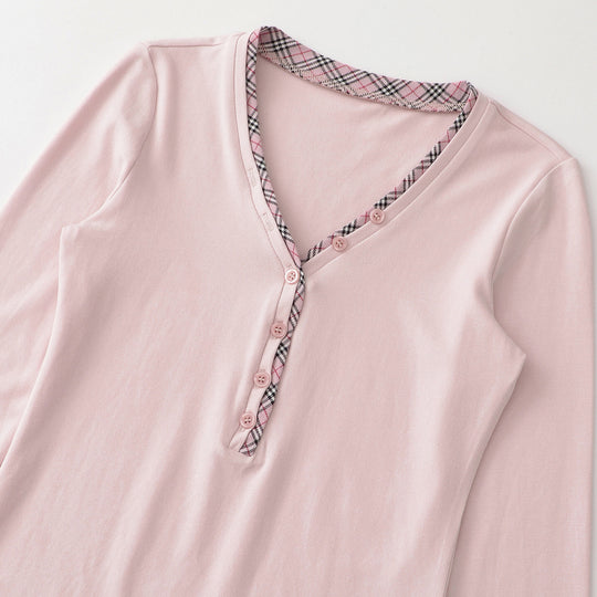 Damen Langarmshirt mit V-Ausschnitt, Knopfleiste und Karobesatz Shop Nory