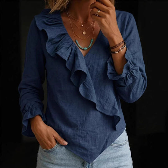 Damen Volant‑Bluse im Leinenlook mit Wickeloptik und asymmetrischem Zipfelsaum Shop Nory