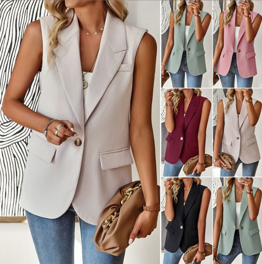 Damen Ärmellose Longline-Blazerweste mit Reverskragen, Single-Button und Pattentaschen Shop Nory