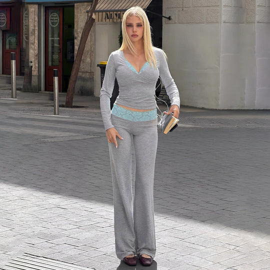 Damen nan Lounge-Set mit Spitzenbund, V-Ausschnitt und ausgestellter Schlaghose Shop Nory