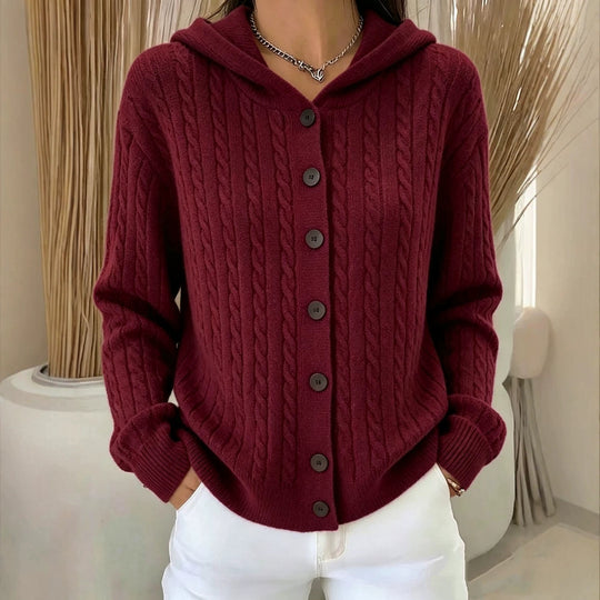 Damen Kapuzen-Cardigan mit Zopfmuster und durchgehender Knopfleiste Shop Nory