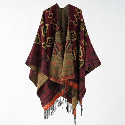 Damen Jacquard‑Wickelruana im Ethno‑Design mit Fransen und offenem Fall Shop Nory