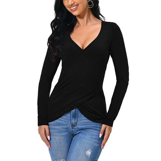 Damen figurbetontes Wickelshirt mit tiefem V‑Ausschnitt und überlappendem Saum Shop Nory
