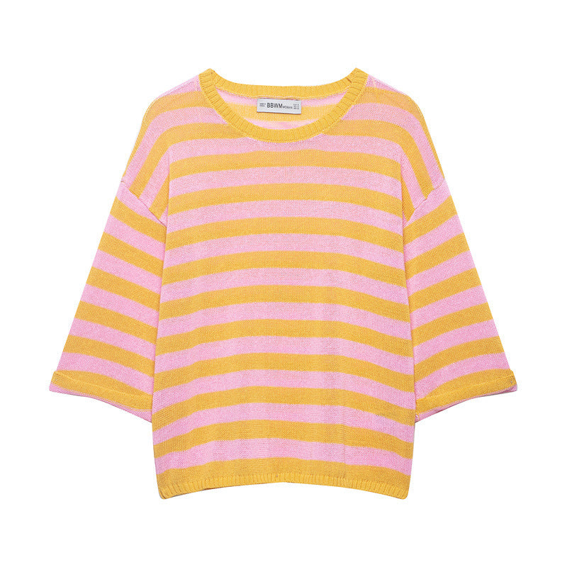 Damen Gestreifter Oversize-Strickpullover mit weitem dreiviertelärmel und Rundhalsausschnitt Shop Nory