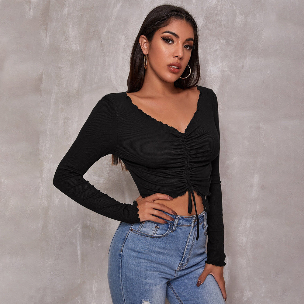Damen geripptes Cropped-Longsleeve mit Tunnelzugvorderseite, Bindekordeln und gewelltem Saum Shop Nory
