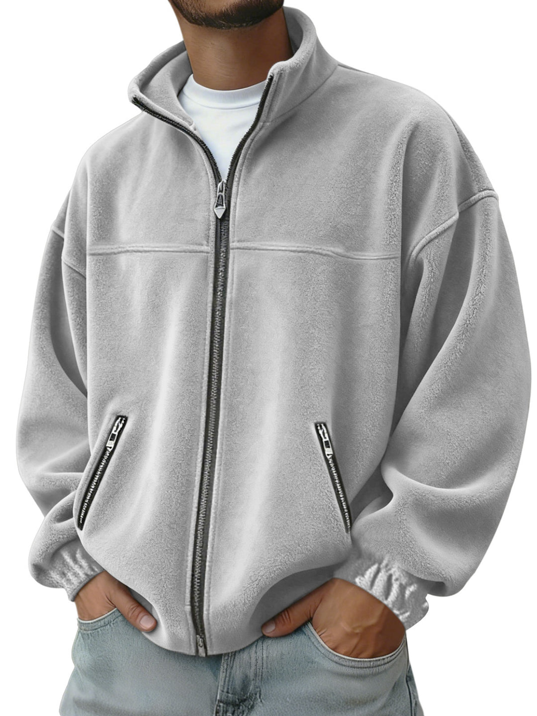 Herren Oversize Fleecejacke mit Stehkragen, durchgehendem Reißverschluss und Reißverschlusstaschen EB