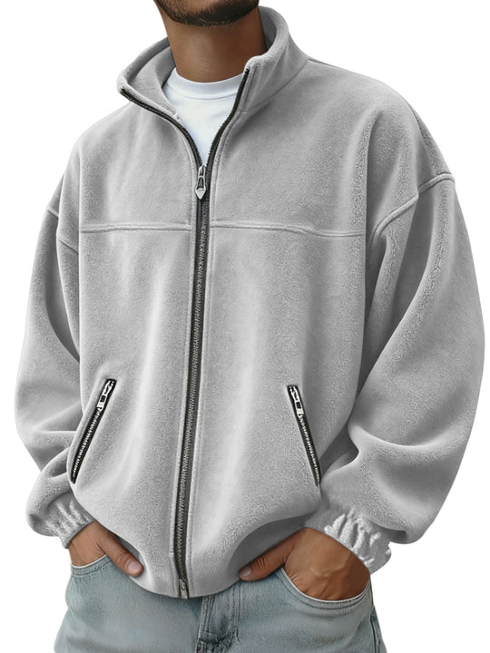 Herren Oversize Fleecejacke mit Stehkragen, durchgehendem Reißverschluss und Reißverschlusstaschen EB