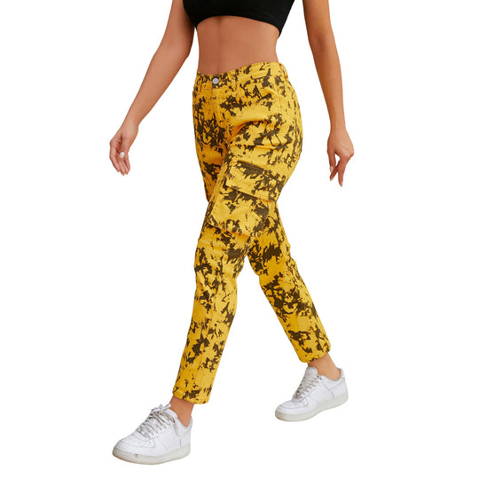Damen Cargo-Hose mit Tie-Dye-Muster, hoher Bund und aufgesetzten Taschen Shop Nory