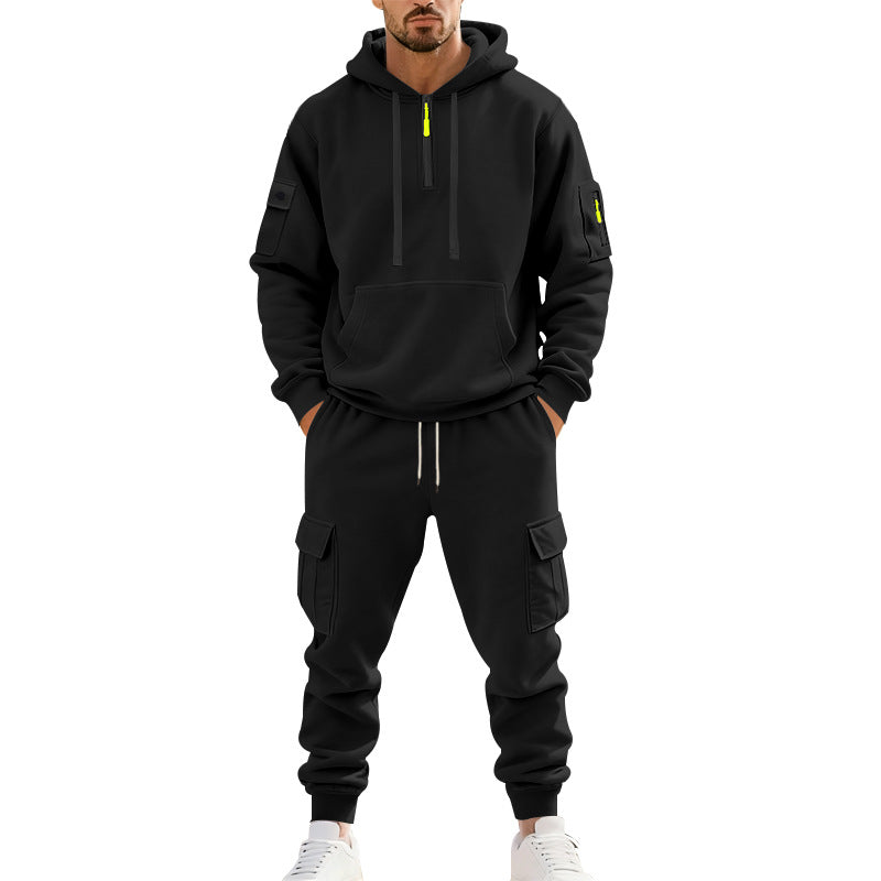 Herren nan zweiteiliges Utility-Freizeitset Hoodie mit halbhohem Reißverschluss, Ärmeltasche und Cargo-Jogginghose mit Klappentaschen Shop Nory