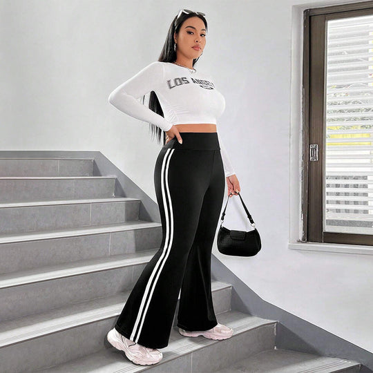Damen Sportliche Flared Leggings mit elastischem hohen Bund und seitlichen Streifen Shopnory