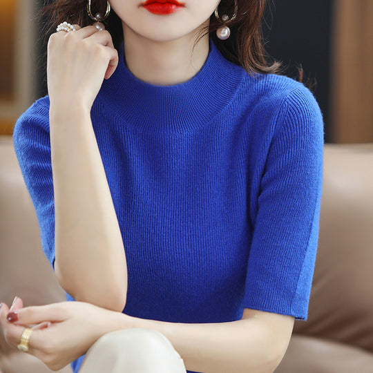 Damen Kurzarm-Feinstrickpullover mit Stehkragen und taillierter Passform Shop Nory