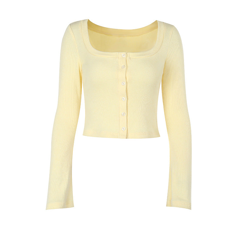 Damen Kurzschnitt-Cardigan aus feinem Rippstrick mit quadratischem Ausschnitt und Knopfleiste Shop Nory