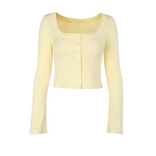 Damen Kurzschnitt-Cardigan aus feinem Rippstrick mit quadratischem Ausschnitt und Knopfleiste Shop Nory
