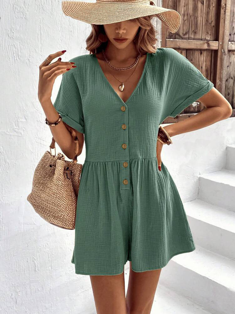Damen Kurzoverall mit Knopfdetails und V-Ausschnitt Shopnory