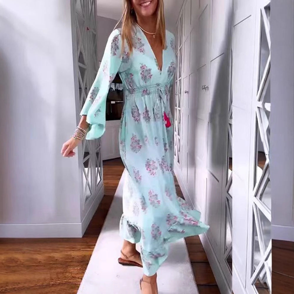 Damen nan luftig-fließendes Boho-Midikleid mit V-Ausschnitt, geraffter Smock-Taille, Kordelzug mit Quasten und asymmetrischem Volant-Saum