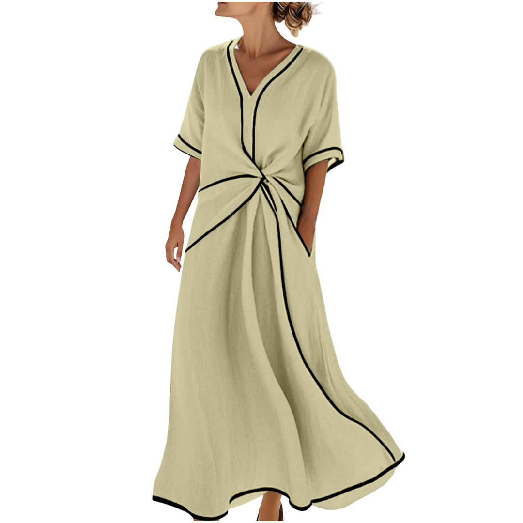 Damen Langes A-Linienkleid mit V‑Ausschnitt, Knoten-Detail und Kontrastpaspel Shop Nory