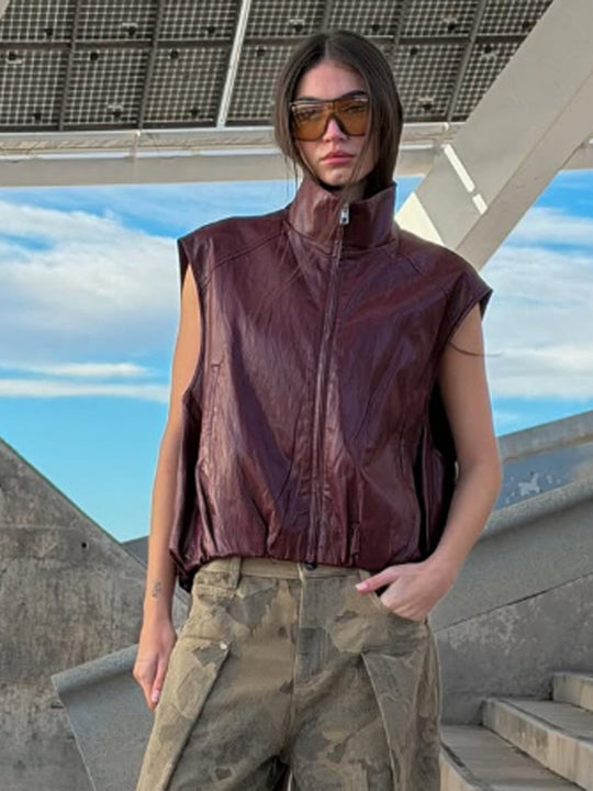 Damen Ärmellose Lederweste mit hohem Stehkragen, kurzem Boxy-Cut und Frontreißverschluss Shop Nory